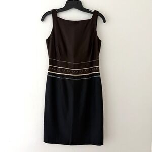 Vtg Ann Taylor 100% Silk‎ Sheath Dress Square Neck Brown Black Embroidered 2